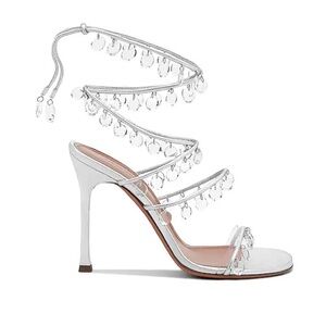 New Amina Muaddi Silver Tina Laceup 105 Stiletto Heels with Crystal Straps